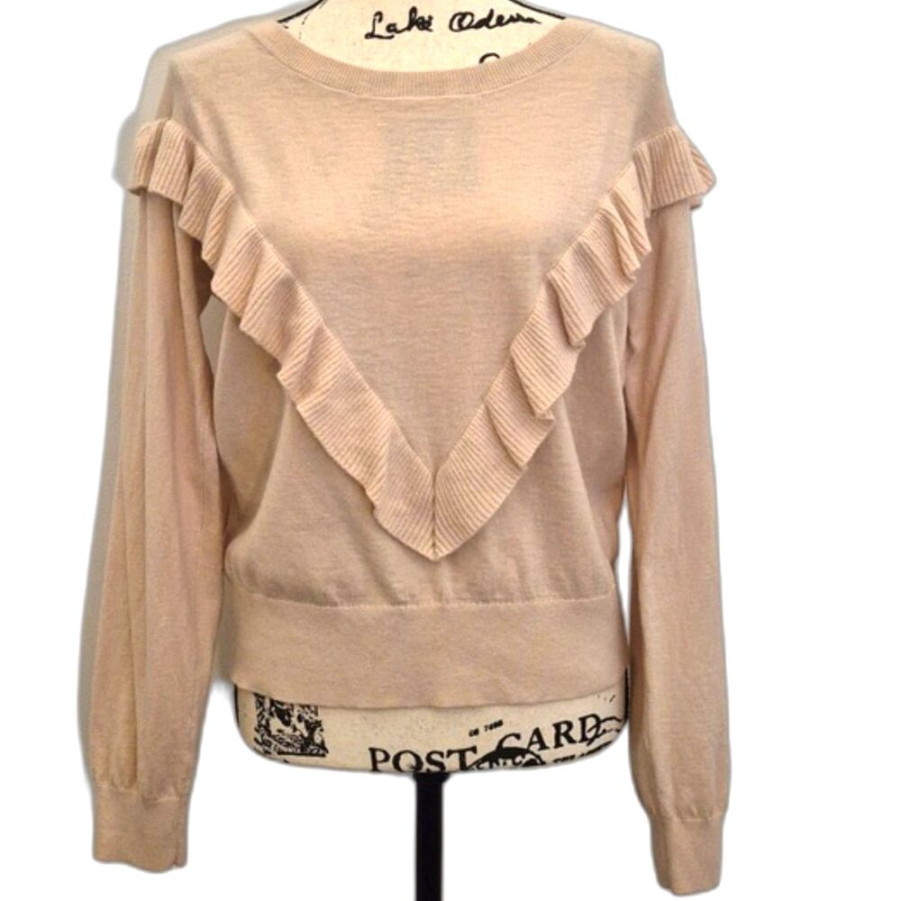 GAP Ruffle Sweater L Boatneck Pullover Merino Wool Blend Dull Rose Color Cozy